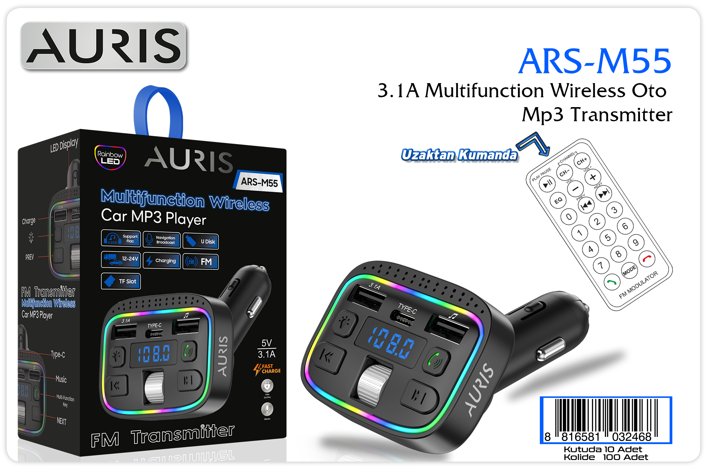 Auris M55 Fast FM Transmitter Araç Şarj Cihazı – 2 USB + PD, RGB Aydınlatma, Uzaktan Kumanda ve Dahili Mikrofon